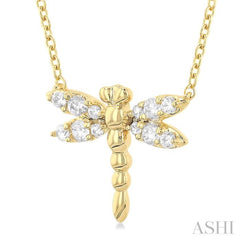 1/6 ctw Petite Dragonfly Round Cut Diamond Fashion Pendant With Chain in 10K Yellow Gold