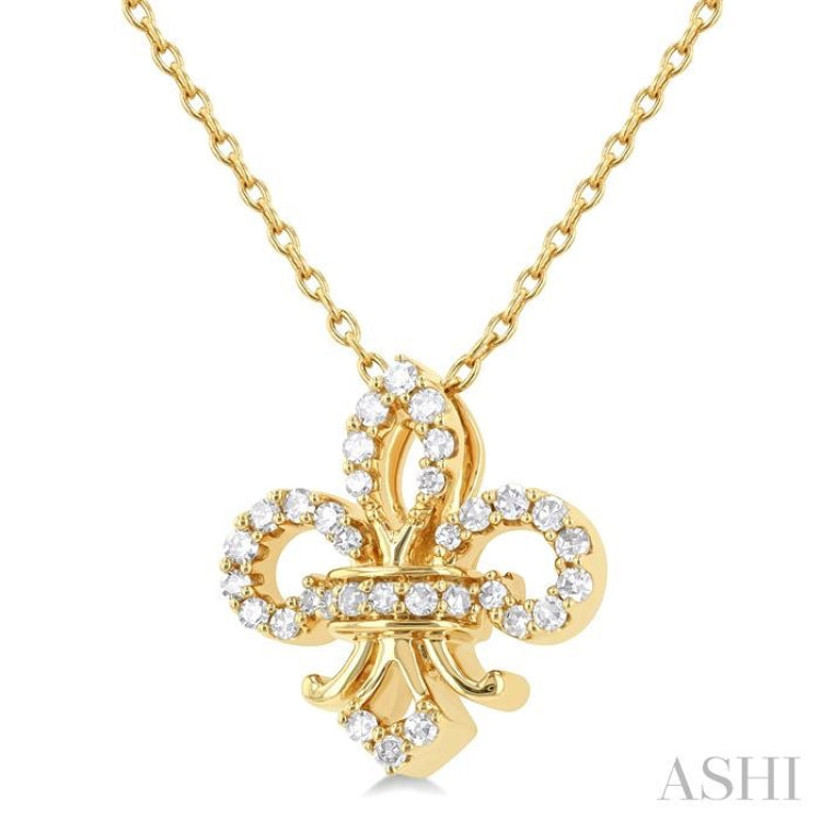 1/6 ctw Petite Fleur De Lis Round Cut Diamond Fashion Pendant With Chain in 10K Yellow Gold