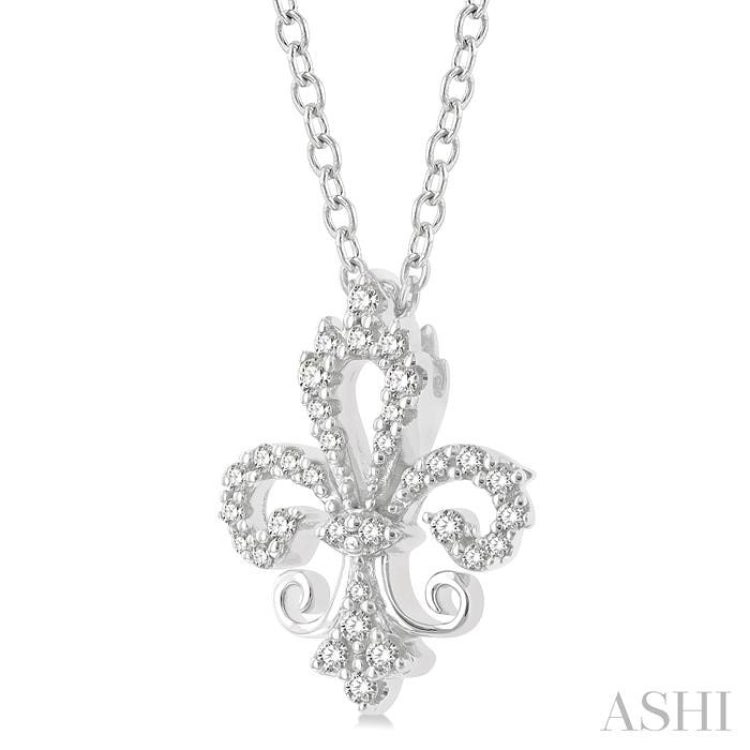 1/6 ctw Petite Carved Fleur De Lis Round Cut Diamond Fashion Pendant With Chain in 10K White Gold