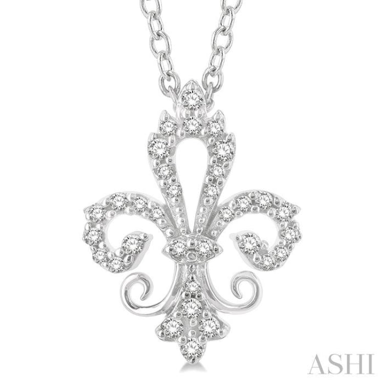 1/6 ctw Petite Carved Fleur De Lis Round Cut Diamond Fashion Pendant With Chain in 10K White Gold