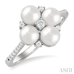 1/6 ctw Floral 5x5 MM Cultured Pearls and Round Cut Diamond Fashion Ring in 10K White Gold