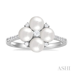 1/6 ctw Floral 5x5 MM Cultured Pearls and Round Cut Diamond Fashion Ring in 10K White Gold