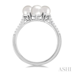 1/6 ctw Floral 5x5 MM Cultured Pearls and Round Cut Diamond Fashion Ring in 10K White Gold