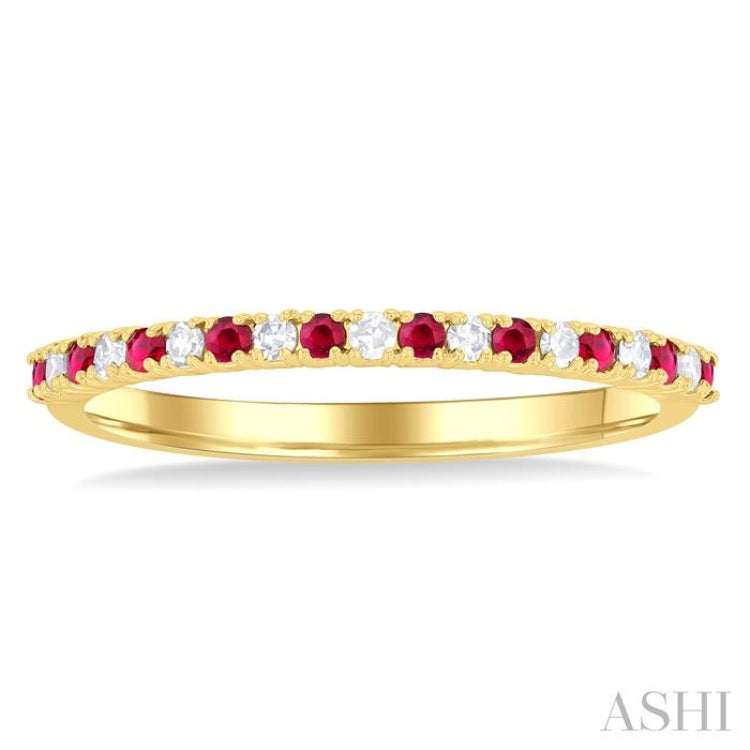 1/10 Ctw Petite 1.35 MM Ruby and Round Cut Diamond Precious Stack Band in 10K Yellow Gold