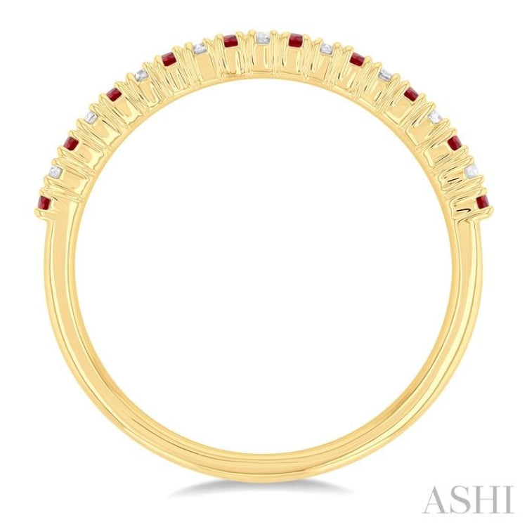 1/10 Ctw Petite 1.35 MM Ruby and Round Cut Diamond Precious Stack Band in 10K Yellow Gold