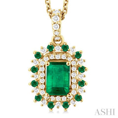 6X4 MM Emerald Cut & 1.55 MM Round Cut Emerald and 1/5 Ctw Round Cut Diamond Floral Precious Pendant With Chain in 14K Yellow Gold