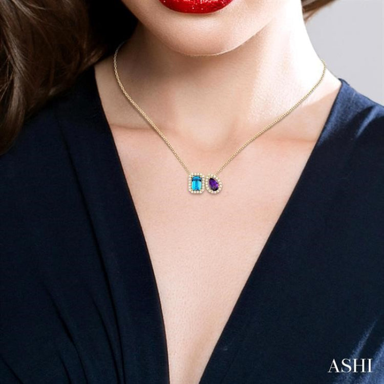 6X4 MM Emerald Cut Blue Topaz and Pear Cut Amethyst and 1/5 Ctw Toi Et Moi Round Cut Diamond Halo Fashion Pendant With Chain in 14K Yellow Gold