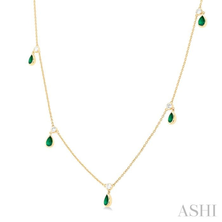 5x3 MM Pear Shape Emerald and 1/4 Ctw Round Cut Diamonds Precious Station Necklace in 14K Yellow Gold