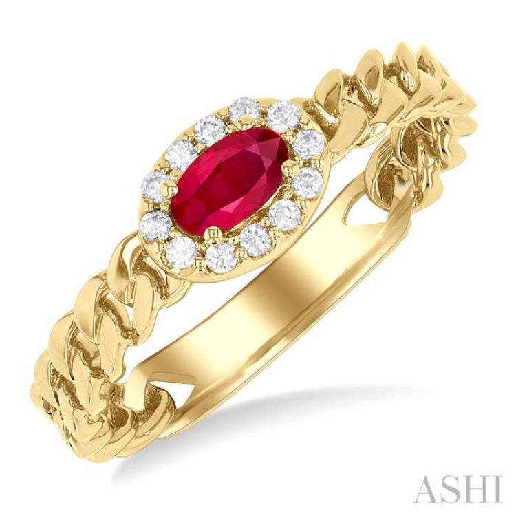 1/10 ctw Curb & Cuban Link East-West 5x3 MM Oval Cut Ruby and Round Cut Diamond Halo Precious Ring in 10K Yellow Gold