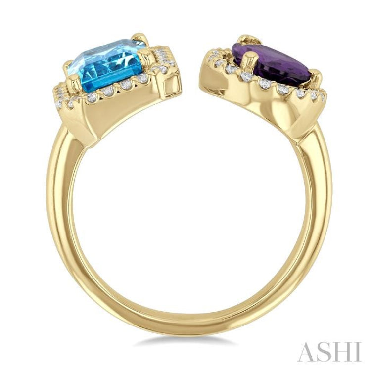 1/3 ctw Open Toi Et Moi 8X6 MM Emerald Cut Blue Topaz and Pear Cut Amethyst & Round Cut Diamond Halo Fashion Ring in 14K Yellow Gold