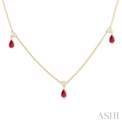 1/4 ctw Round Cut Diamonds and 5X3MM Pear Shape Ruby Precious Station Necklace in 14K Yellow Gold