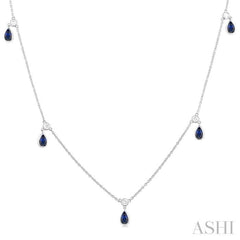 1/4 ctw Round Cut Diamonds and 5X3MM Pear Shape Sapphire Precious Station Necklace in 14K White Gold