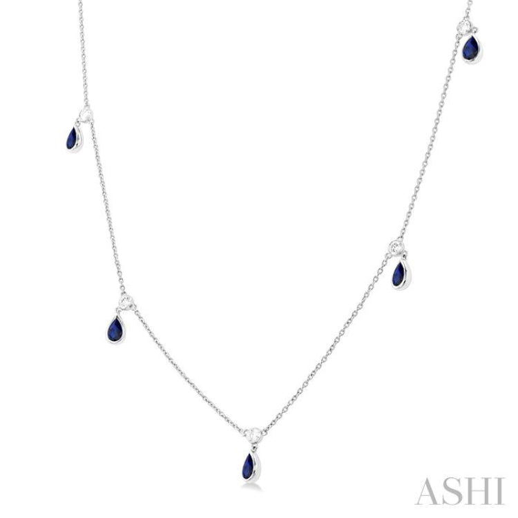 1/4 ctw Round Cut Diamonds and 5X3MM Pear Shape Sapphire Precious Station Necklace in 14K White Gold