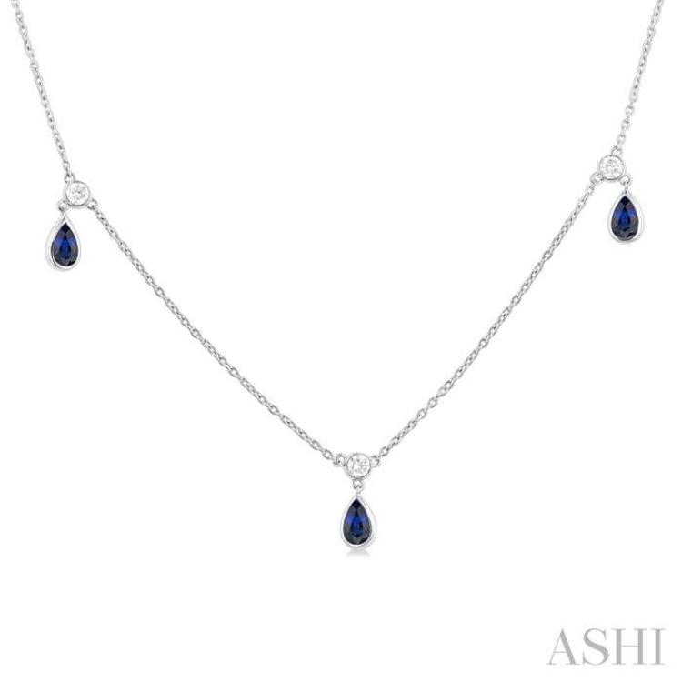 1/4 ctw Round Cut Diamonds and 5X3MM Pear Shape Sapphire Precious Station Necklace in 14K White Gold