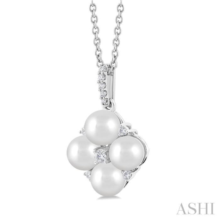 1/10 ctw Floral 5x5 MM Cultured Pearls and Round Cut Diamond Fashion Pendant With Chain in 10K White Gold