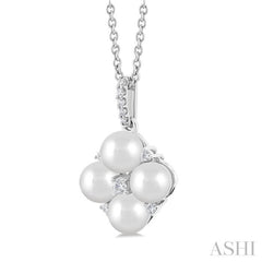 1/10 ctw Floral 5x5 MM Cultured Pearls and Round Cut Diamond Fashion Pendant With Chain in 10K White Gold