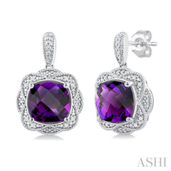 1/20 ctw Cushion Shape 8X8 MM Amethyst and Round Cut Diamond Semi Precious Earring in Sterling Silver