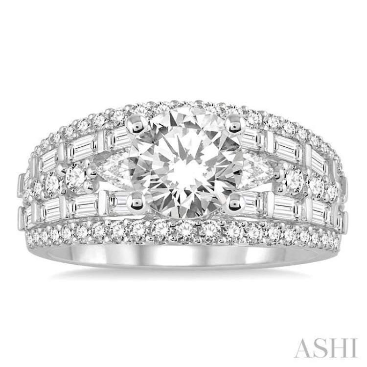 1 1/3 Ctw Round, Baguette and Pear Cut Diamond Round Shape Semi-mount Engagement Ring in 14K White Gold