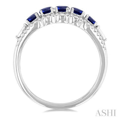 3.1 MM Round Sapphire and 1/4 Ctw Baguette and Round Cut Diamond 5-Stone Precious Ring in 14K White Gold