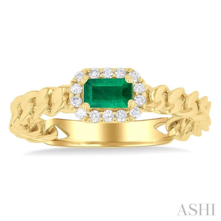 1/10 ctw Curb & Cuban Link East-West 5x3 MM Oval Cut Emerald and Round Cut Diamond Halo Precious Ring in 10K Yellow Gold