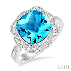 1/20 ctw Cushion Shape 10X10 MM Blue Topaz and Round Cut Diamond Semi Precious Ring in Sterling Silver