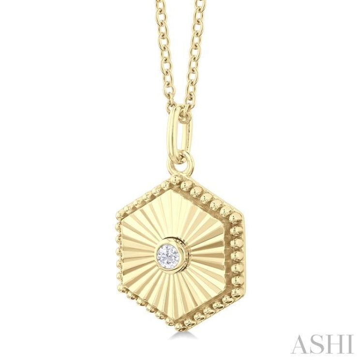 1/20 Ctw Hexagon fluted medallion Round Cut Diamond Pendant With Chain in 10K Yellow Gold