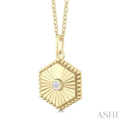 1/20 Ctw Hexagon fluted medallion Round Cut Diamond Pendant With Chain in 10K Yellow Gold