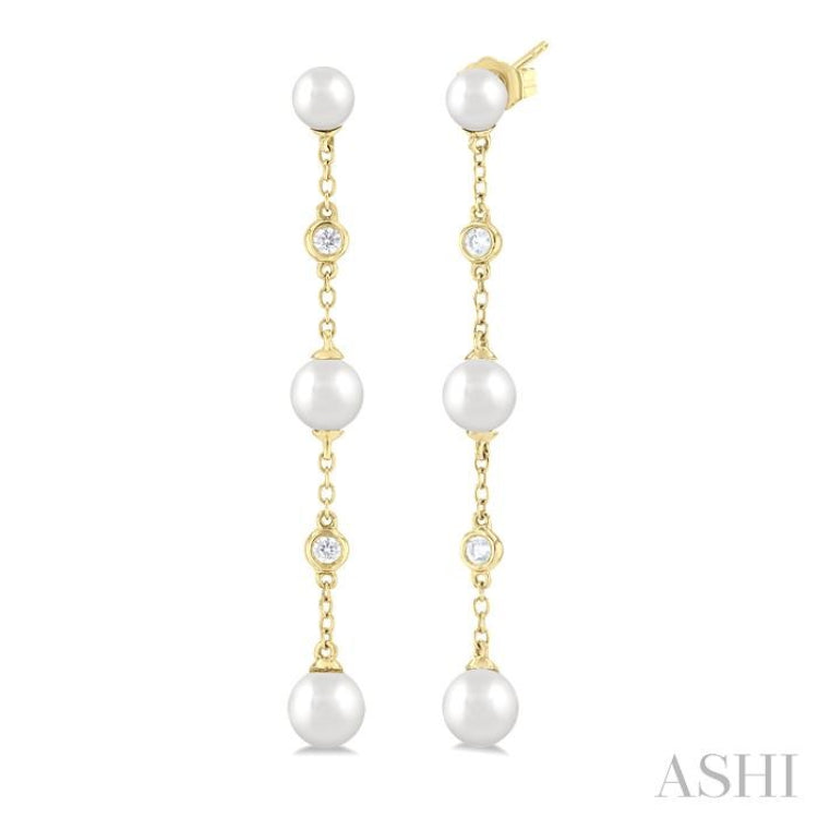 1/10 ctw Cultured Pearls 4X4 MM, 5X5 MM and 6X6 MM & Round Cut Diamond Station Long Earring in 14K Yellow Gold