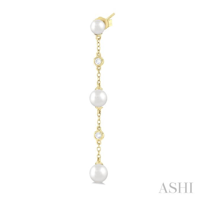 1/10 ctw Cultured Pearls 4X4 MM, 5X5 MM and 6X6 MM & Round Cut Diamond Station Long Earring in 14K Yellow Gold