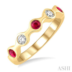 2.8MM Bezel Set Ruby and 1/6 ctw Round Cut Diamond Precious Stackable Band in 14K Yellow Gold