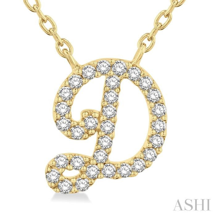 1/10 Ctw Initial 'D' Calligraphy Round Cut Diamond Fashion Pendant With Chain in 10K Yellow Gold