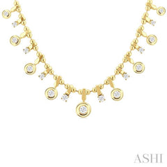 1 1/5 ctw Round Cut Diamond Halfway Bezel and Prong Set Dangle Necklace in 14K Yellow Gold