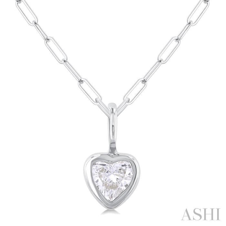 1/5 ctw Heart Shape Bezel Set Diamond Fashion Pendant With Paper Clip Chain in 14K White Gold