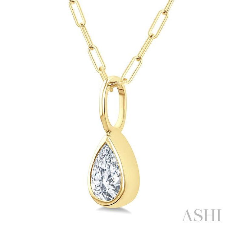 1/5 Ctw Pear Cut Bezel Set Diamond Fashion Pendant With Paperclip Chain in 14K yellow Gold