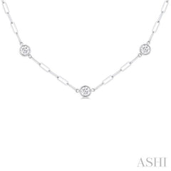 1 1/2 ctw Bezel Set Round Cut Diamond Paper Clip Station Necklace in 14K White Gold