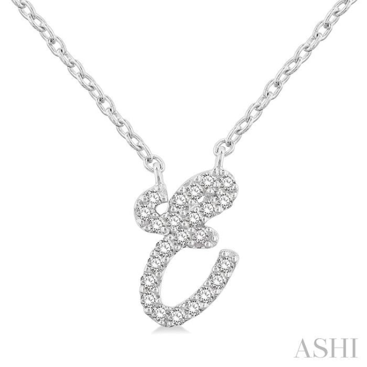 1/20 Ctw Initial 'E' Round cut Diamond Pendant With Chain in 14K White Gold