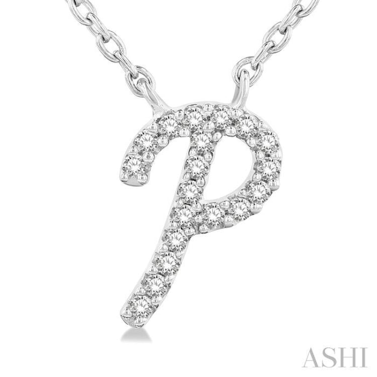 1/20 Ctw Initial 'P' Round cut Diamond Pendant With Chain in 14K White Gold