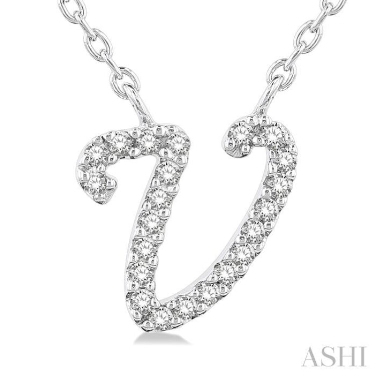 1/20 Ctw Initial 'V' Round cut Diamond Pendant With Chain in 14K White Gold