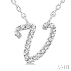 1/20 Ctw Initial 'V' Round cut Diamond Pendant With Chain in 14K White Gold