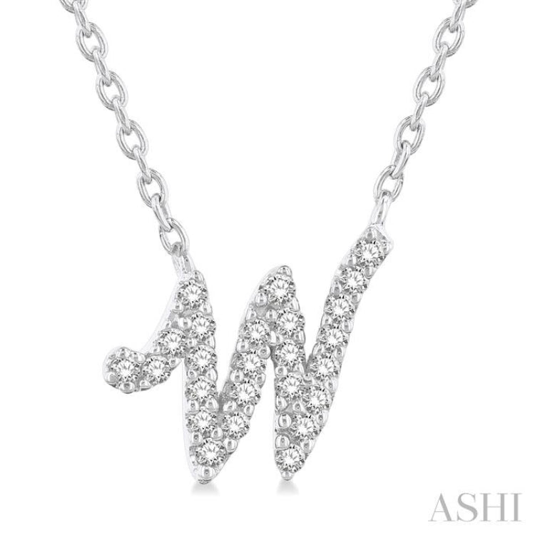 1/10 Ctw Initial 'W' Round cut Diamond Pendant With Chain in 14K White Gold