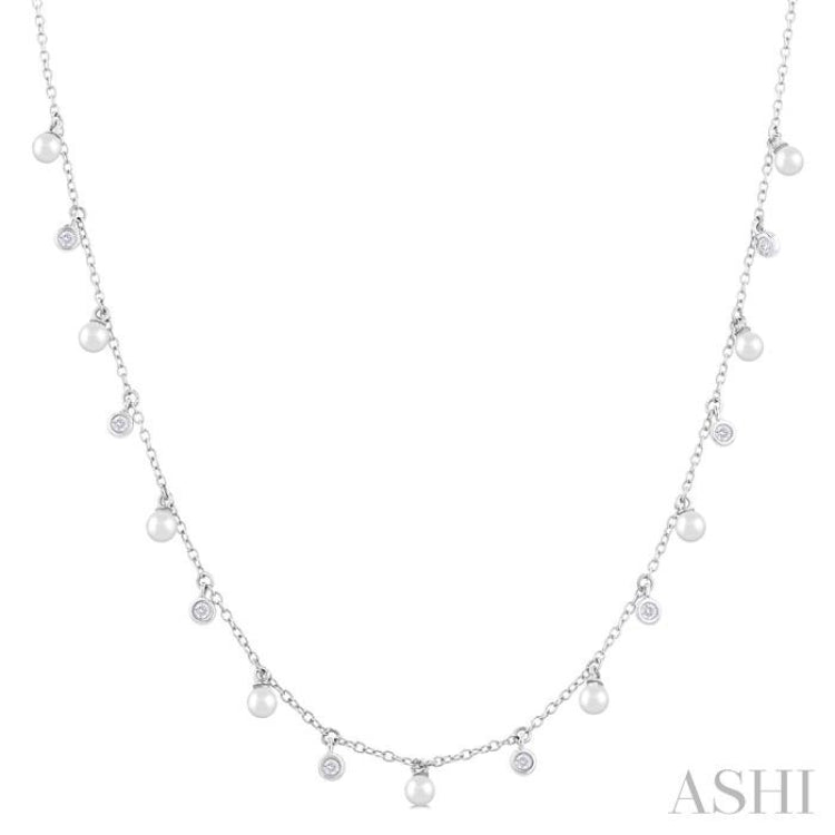 3 MM Cultured Pearl and 1/6 Ctw Round Cut Diamond Station Necklace in 14K White Gold