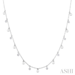 3 MM Cultured Pearl and 1/6 Ctw Round Cut Diamond Station Necklace in 14K White Gold