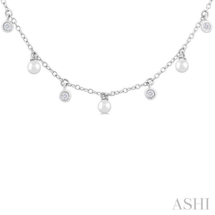 3 MM Cultured Pearl and 1/6 Ctw Round Cut Diamond Station Necklace in 14K White Gold