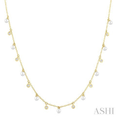 3 MM Cultured Pearl and 1/6 Ctw Round Cut Diamond Station Necklace in 14K Yellow Gold