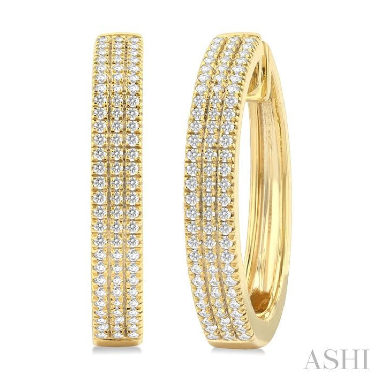 1/2 Ctw Triple Row Pave Set Round Cut Diamond Fashion Hoop Earring in 14K Yellow Gold