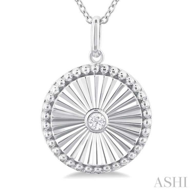 1/20 ctw Round fluted medallion Round Cut Diamond Pendant With Chain in 14K White Gold