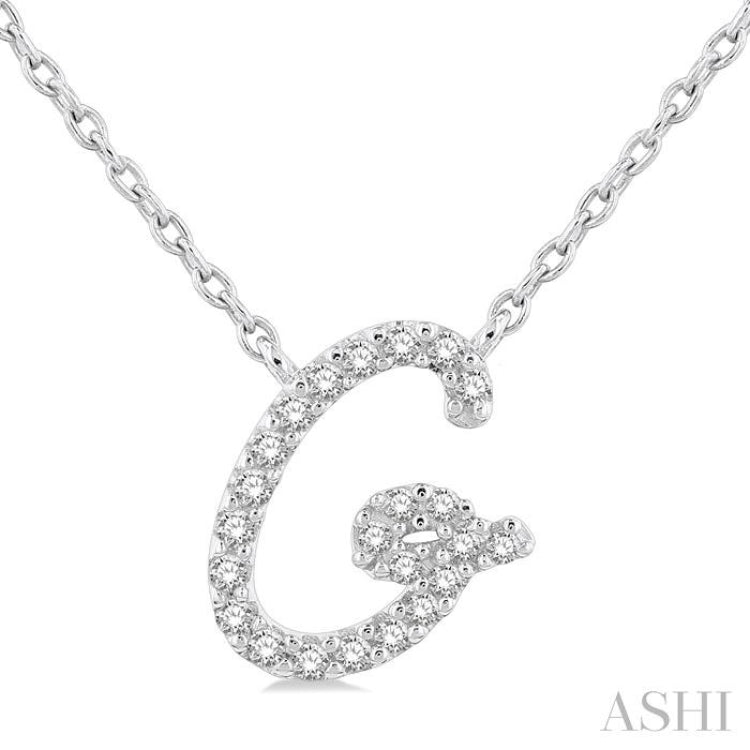 1/10 Ctw Initial 'G' Round cut Diamond Pendant With Chain in 14K White Gold