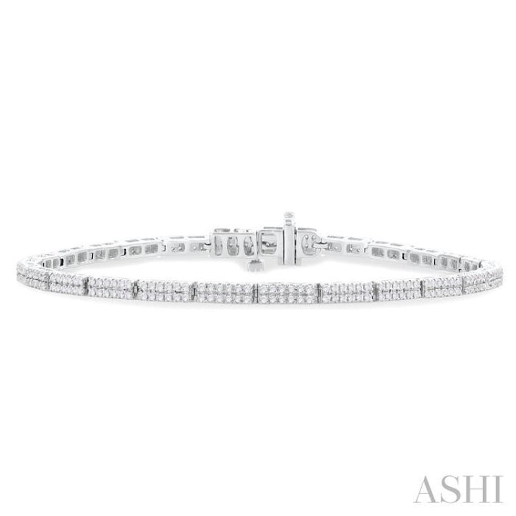 1.00 Ctw Double Row Round Cut Diamond Bar Link Tennis Bracelet in 14K White Gold