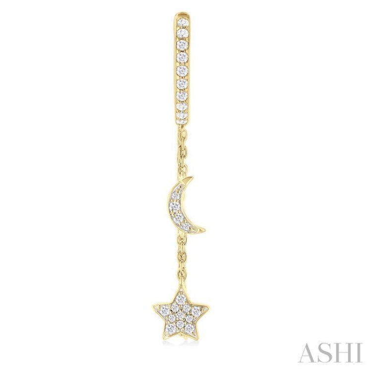 1/3 Ctw Crescent Moon & Star Round Cut Diamond Chain Dangler Hoop Earring in 10K Yellow Gold