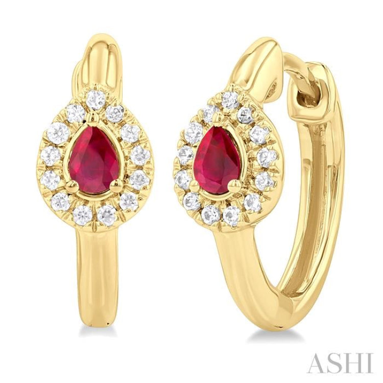 1/10 Ctw Petite 4X3 MM Pear Cut Ruby and Round Cut Halo Diamond Fashion Huggies in 10K Yellow Gold